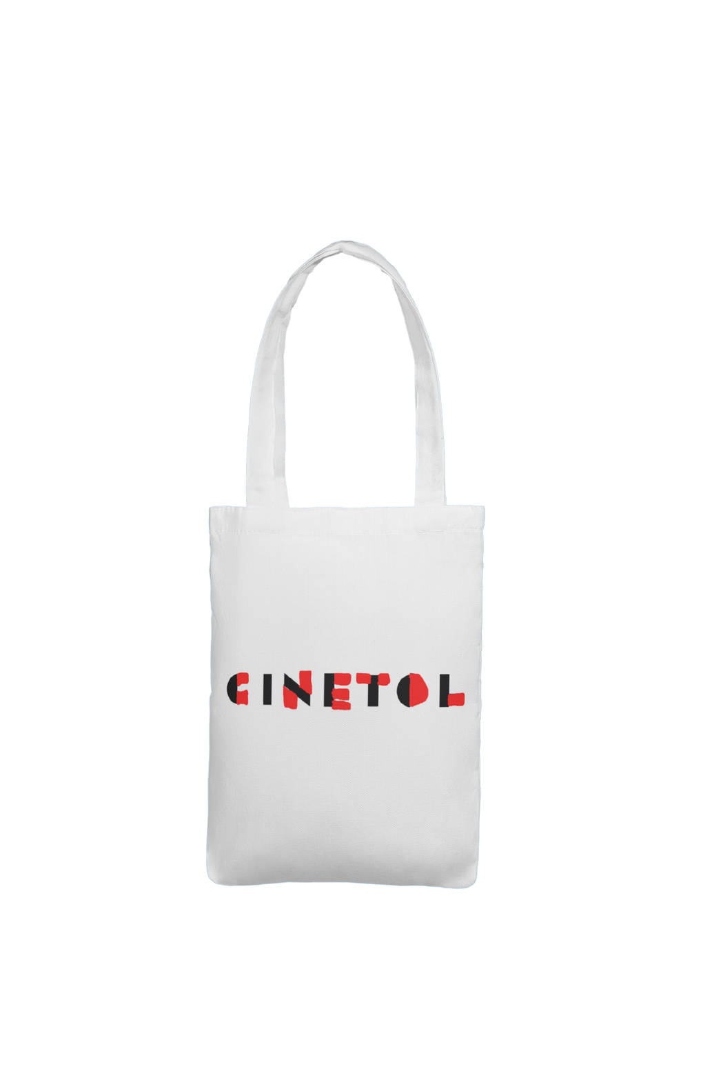 a white tote bag with the word cinetol on it