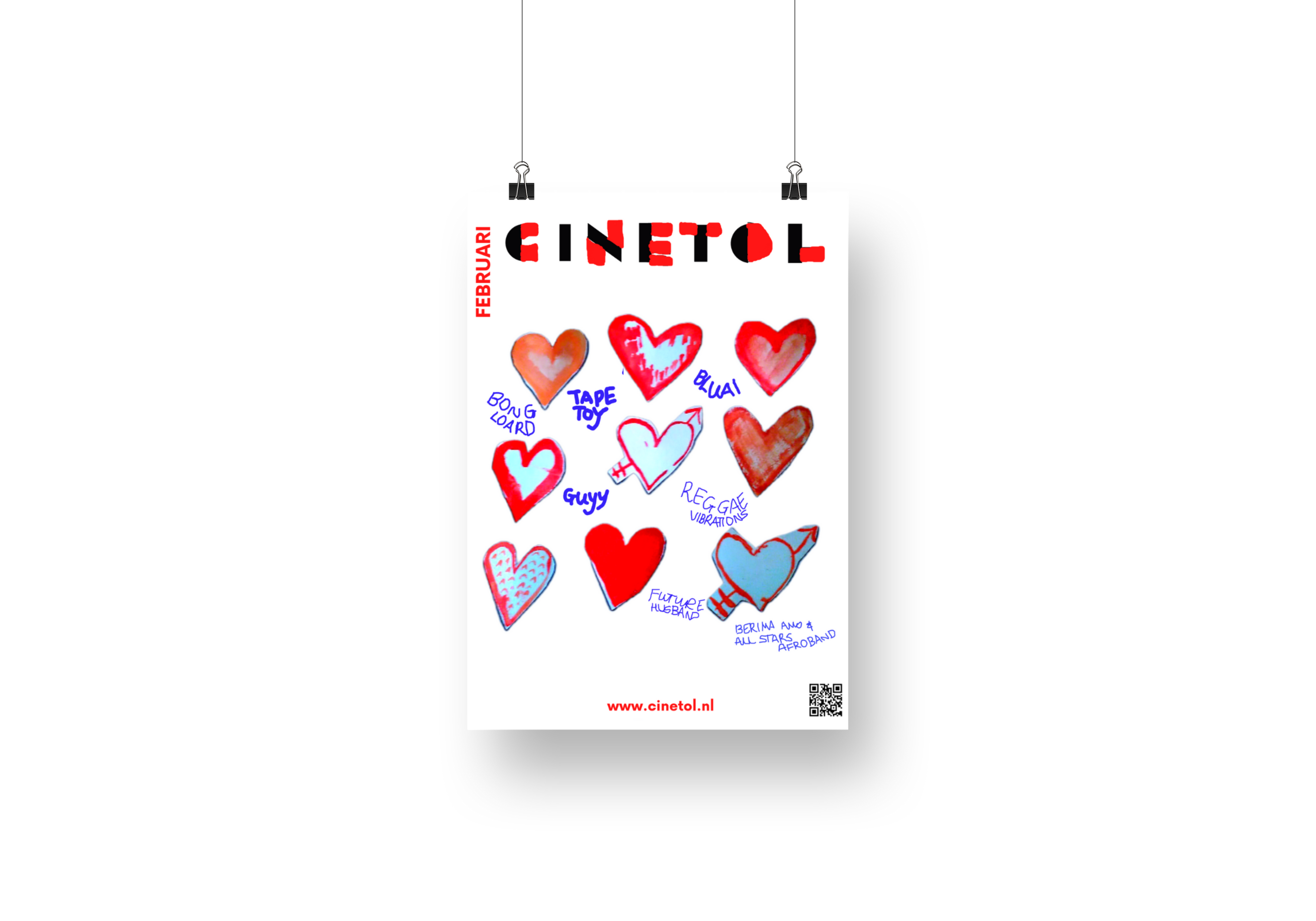 a poster hanging on a wall that says cinetol with hearts and artist names