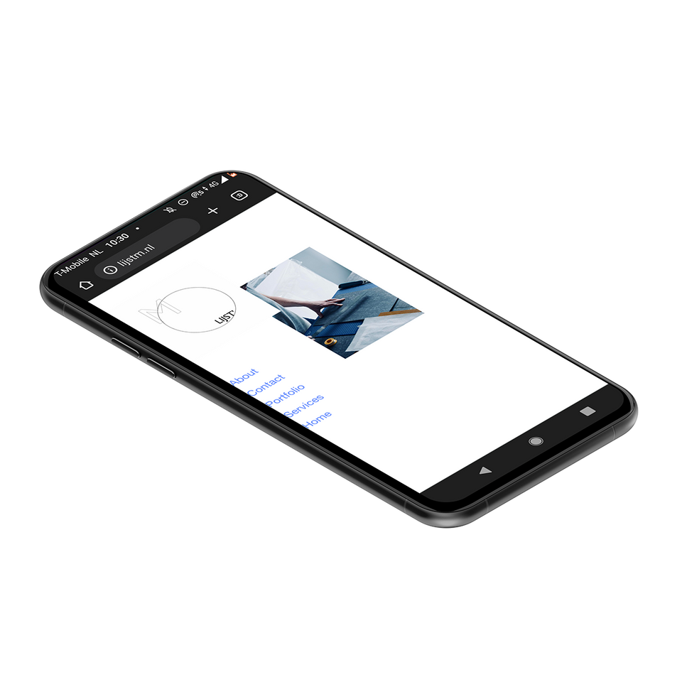a black smartphone with an image of a person on the screen is displayed on a black background (example of website in use)